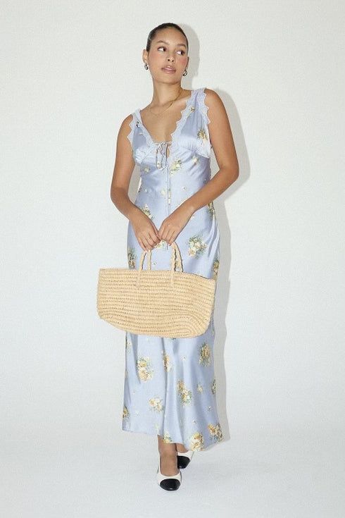 FLOWER PATTERN SATING LONG DRESS
